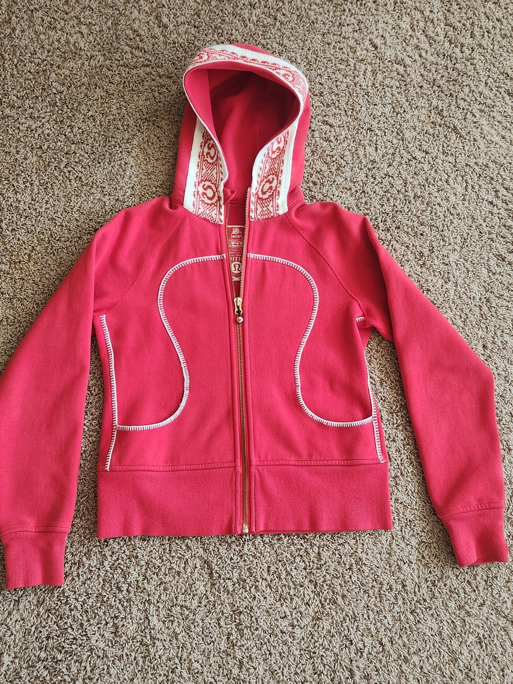 lululemon athletica Red Hooded Zip Jacket with Patterned Trim